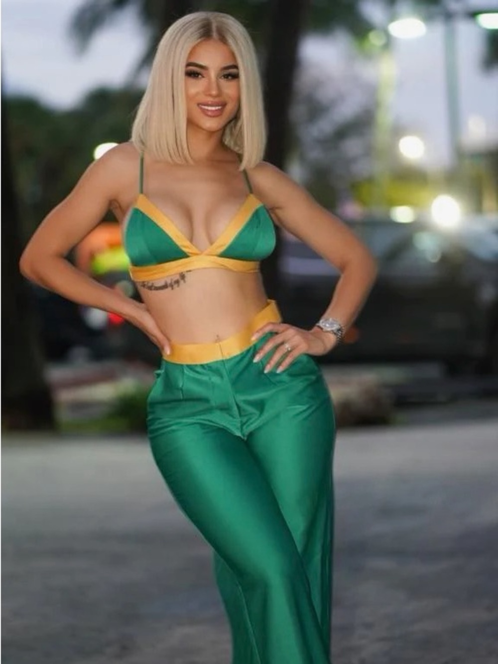 Green Satin Two-Piece Set with Yellow Trim